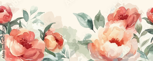 Delicate floral watercolor pattern for textiles and backgrounds, watercolor peonies flowers and green leaves, soft colors, boho style on a light background, floristic vintage. vector simple