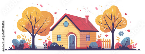 Doodle building. Cute small house and garden. Vector flat minimalistic isolated illustration