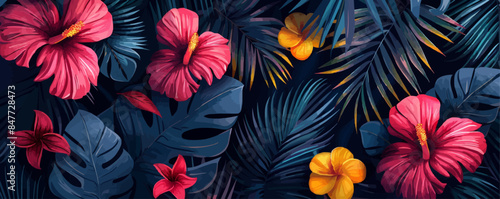 Drawing of palm leaves and flowers in a modern style, tropical print pattern on a black background, cod art botanical design, bright colors. vector simple illustration