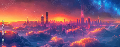 Dreamy celestial cityscape floating among the stars, with glowing skyscrapers and futuristic architecture. Vector flat minimalistic isolated illustration.
