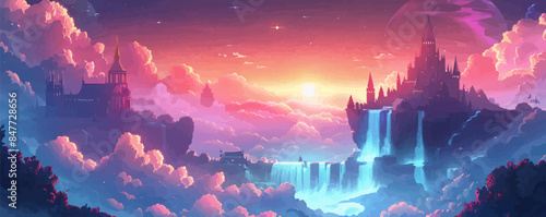 Dreamy celestial palace floating amidst the clouds, with grand spires and cascading waterfalls. Vector flat minimalistic isolated illustration.