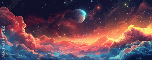Dreamy celestial realm with ethereal clouds, celestial bodies, and a sense of wonder. Vector flat minimalistic isolated illustration.