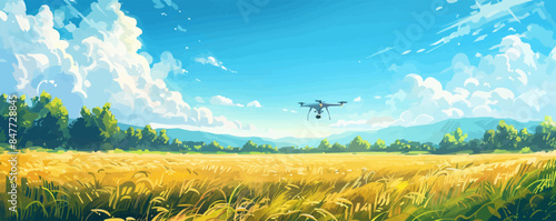 Drone flies in the sky over rice and wheat fields, technology in the agricultural business, automatic crop management, green technology of the future. vector simple illustration