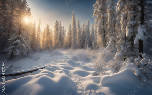 Quiet snowfall in the Siberian wilderness, Russia, untouched snow blanket, pine trees laden with white © julien.habis