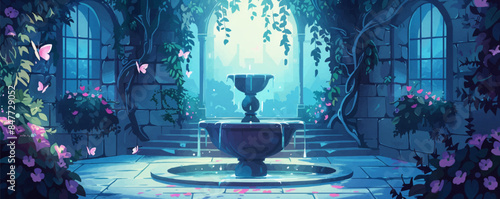 Enchanted castle courtyard with ivy-covered walls, a bubbling fountain, and fluttering butterflies. Vector flat minimalistic isolated illustration.