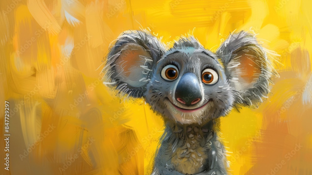 Obraz premium Adorable Smiling Cartoon Koala on Vibrant Yellow Background
