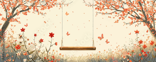 Enchanted garden swing hanging from a tree branch, surrounded by blooming flowers and fluttering butterflies. Vector flat minimalistic isolated illustration.