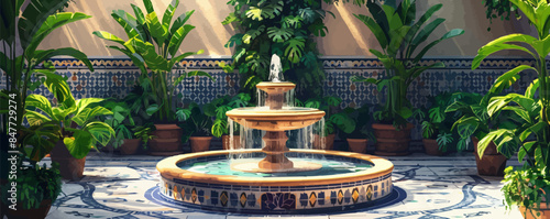 Enchanted garden courtyard with a bubbling fountain, lush greenery, and intricate tile patterns. Vector flat minimalistic isolated illustration.