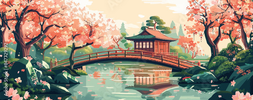 Enchanted garden teahouse nestled among cherry blossom trees, with a tranquil pond and wooden bridges. Vector flat minimalistic isolated illustration.