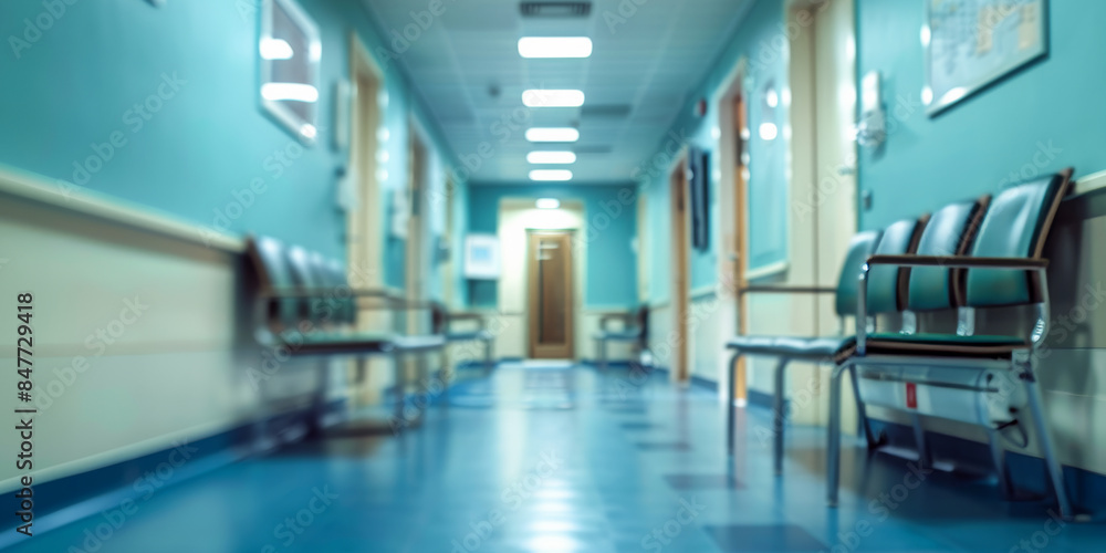 Empty hospital corridor with waiting chairs and blur effect Empty hospital corridor with waiting chairs and blur effect
