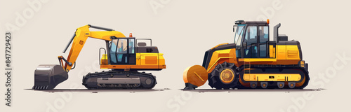 excavator and road roller. Set of heavy equipment for road construction Vector flat minimalistic isolated illustration