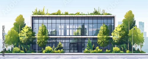 Exterior of a green-certified corporate building, showcasing sustainable design and energy efficiency in a modern city setting. Sustainable green building. Eco-friendly building. Vector flat
