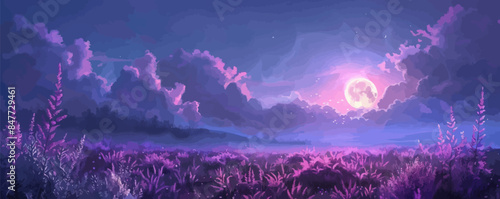 Fabulous purple flowers on the field in the moonlight in the clouds, glowing magical fern flowers, flowers, moon, lilac, night, fairy tale. vector simple illustration