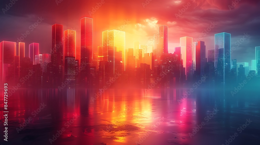 Abstract skyline with rectangles of various heights, vibrant neon colors, dark background, hd quality, digital art, high contrast, geometric precision, modern design, artistic composition. Abstract skyline with rectangles of various heights, vibrant neon colors, dark background, hd quality, digital art, high contrast, geometric precision, modern design, artistic composition.