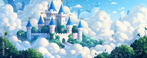 Fantasy castle in the clouds with towers covered in ivy and airy bridges. Vector flat minimalistic isolated illustration.