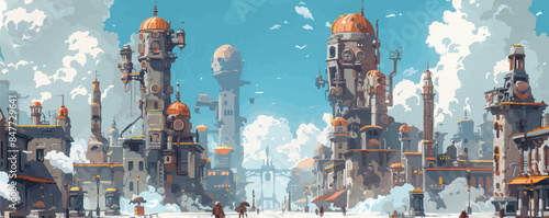 Fantastic steampunk city with copper towers, steam streets, and antique statues. Vector flat minimalistic isolated illustration.