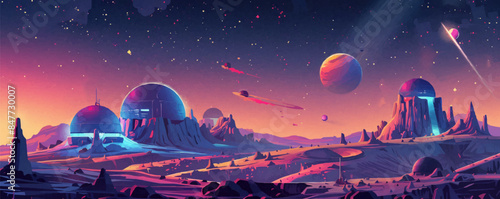 Futuristic space habitat orbiting a distant planet, with domed structures and solar arrays. Vector flat minimalistic isolated illustration.