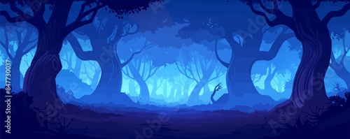 Ghostly light in a nocturnal forest, illuminating ancient trees and distorted shadows. Vector flat minimalistic isolated illustration.