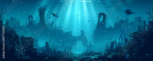 Ghostly underwater city with ruins of ancient structures and marine creatures. Vector flat minimalistic isolated illustration.