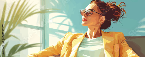 Happy businesswoman relaxing with eyes closed in hotel room. Vector flat minimalistic isolated illustration