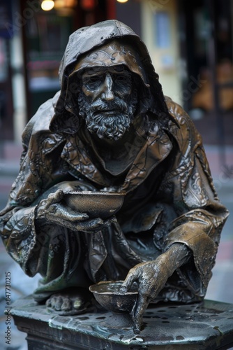 Bronze statue of a beggar in a hooded cloak, crouching and holding a bowl, symbolizing poverty and hardship with realistic details in facial expressions and attire
