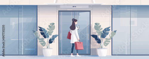 Happy businesswoman using mobile phone while arriving at hotel. Vector flat minimalistic isolated illustration