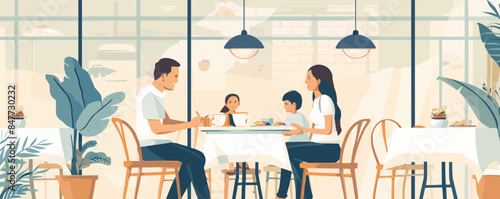 Happy family having breakfast in hotel restaurant. Vector flat minimalistic isolated illustration