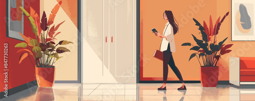 Happy female entrepreneur text messaging on cell phone while walking through hotel hallway. Vector flat minimalistic isolated illustration