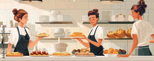 Hotel waitress serving pasty to hotel guest during buffet breakfast. Vector flat minimalistic isolated illustration