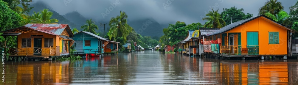 Naklejka premium Tropical village street under heavy rain, vivid colors of the houses contrasting with the grey sky and reflective water, capturing the essence of monsoon season