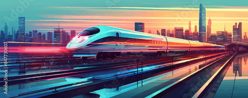 Hyper-speed magnetic train soaring over urban landscapes with high-speed tunnels and stations. Vector flat minimalistic isolated illustration.