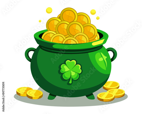 Green iron cauldron full of gold coins isolated on white background. Stack of gold coins near the green pot. St. Patricks Day symbol. Vector illustration.
 photo