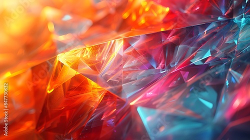 An abstract background featuring glass-like triangles with light refractions, vivid colors, hd quality, digital art, high contrast, geometric design, modern aesthetic, artistic abstraction.
