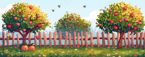 Idyllic countryside orchard with fruit-laden trees, buzzing bees, and a rustic wooden fence. Vector flat minimalistic isolated illustration.