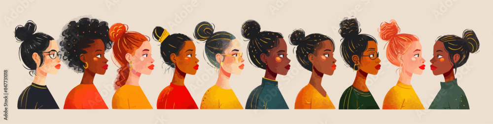 International Womens Day, 8 March. Women diversity concept. Group of multiethnic female characters. Portraits of beautiful caucasian, asian, black, latina girls together. Vector flat minimalistic International Womens Day, 8 March. Women diversity concept. Group of multiethnic female characters. Portraits of beautiful caucasian, asian, black, latina girls together. Vector flat minimalistic