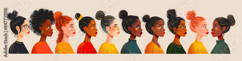 International Womens Day, 8 March. Women diversity concept. Group of multiethnic female characters. Portraits of beautiful caucasian, asian, black, latina girls together. Vector flat minimalistic