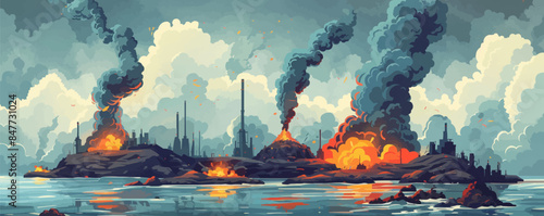 Islands of radioactive waste, covered in poisonous mists and murky water. Vector flat minimalistic isolated illustration.