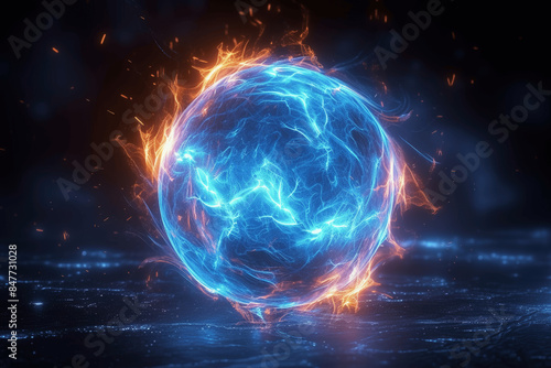 Blue Energy Sphere Abstract Cosmic Explosion with Quantum Physics and Fractal Design © btiger