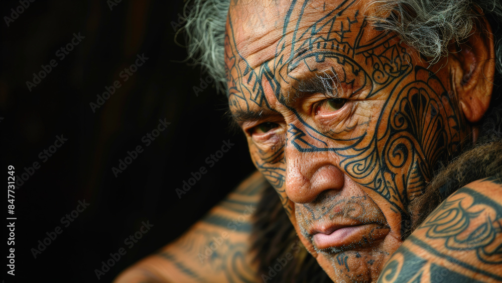 gros plan d'un homme au regard grave avec le visage recouvert de tatouage tribal gros plan d'un homme au regard grave avec le visage recouvert de tatouage tribal