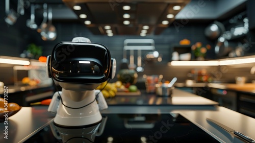 Modern kitchen interior with a cute small robot assistant on the counter, showcasing futuristic home technology and innovation in a sleek setting.