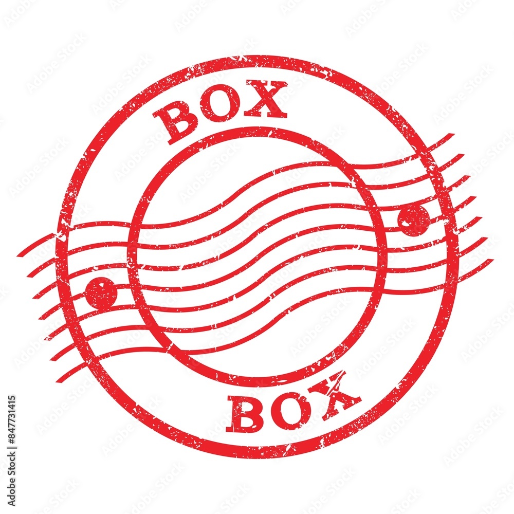 BOX, text written on red postal stamp. BOX, text written on red postal stamp.