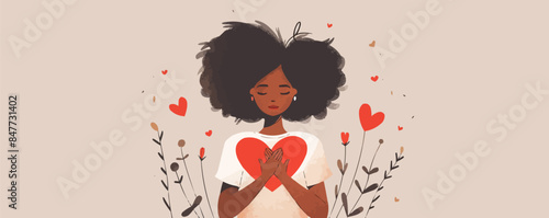 Love yourself, body positive, self care concept. Beautiful black girl hugging a big red heart. Vector flat minimalistic isolated illustration