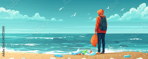 Man in eco-activist cape picks up trash on oceanfront, plastic problem on the planet, concern for cleanliness and the environment, climate change. vector simple illustration