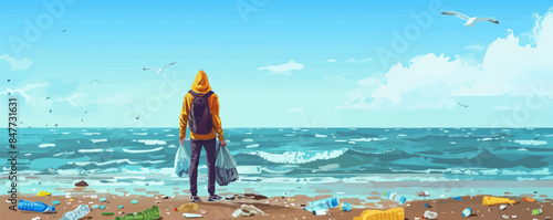 Man in eco-activist cape picks up trash on oceanfront, plastic problem on the planet, concern for cleanliness and the environment, climate change. vector simple illustration