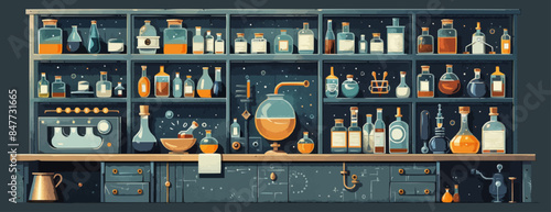 Mechanical alchemical laboratory table with engravings, copper bowls, and alchemical ingredients. Vector flat minimalistic isolated illustration.