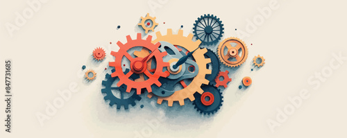 Mechanical clockwork mechanism with gears, springs, and wheels inside. Vector flat minimalistic isolated illustration.