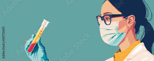 Medical research, science concept. Female doctor or nurse holding a glass test tube with a blood sample or liquid for analysis. Woman in face mask and gloves. Vector flat minimalistic isolated