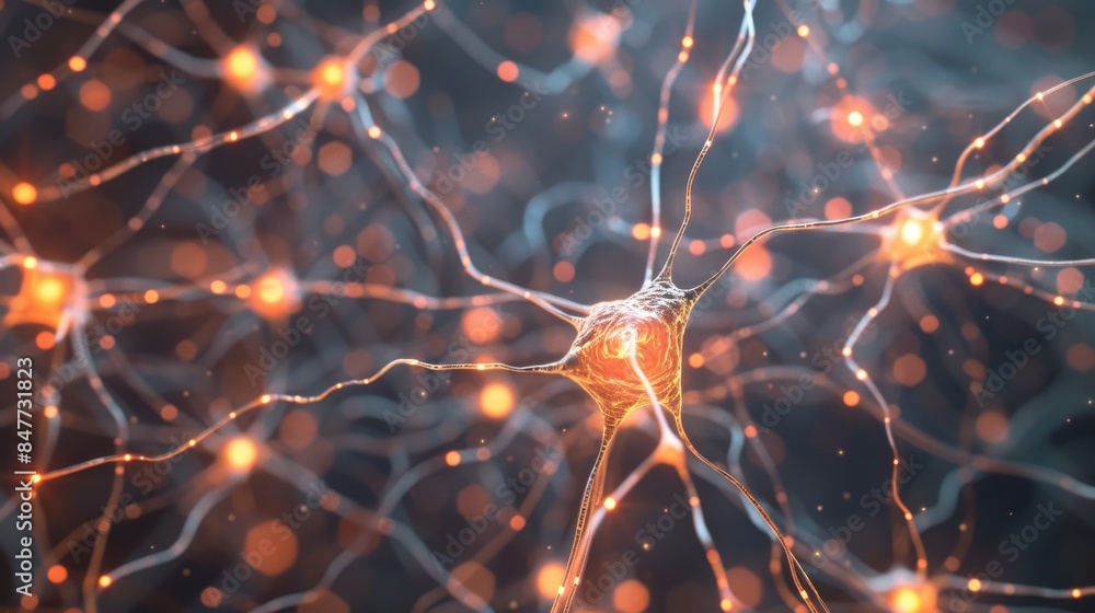 illustration of a neural network with interconnected nodes and pathways highlighted by orange lights, simulating brain synapses illustration of a neural network with interconnected nodes and pathways highlighted by orange lights, simulating brain synapses