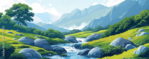 Mountain river rushing through green hills and rocks. Vector flat minimalistic isolated illustration.