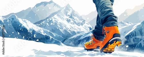 mountaineering man treks through the snow-capped mountains, his sturdy boots digging into the trail as he braves the chilly winds and steep terrain. vector simple illustration